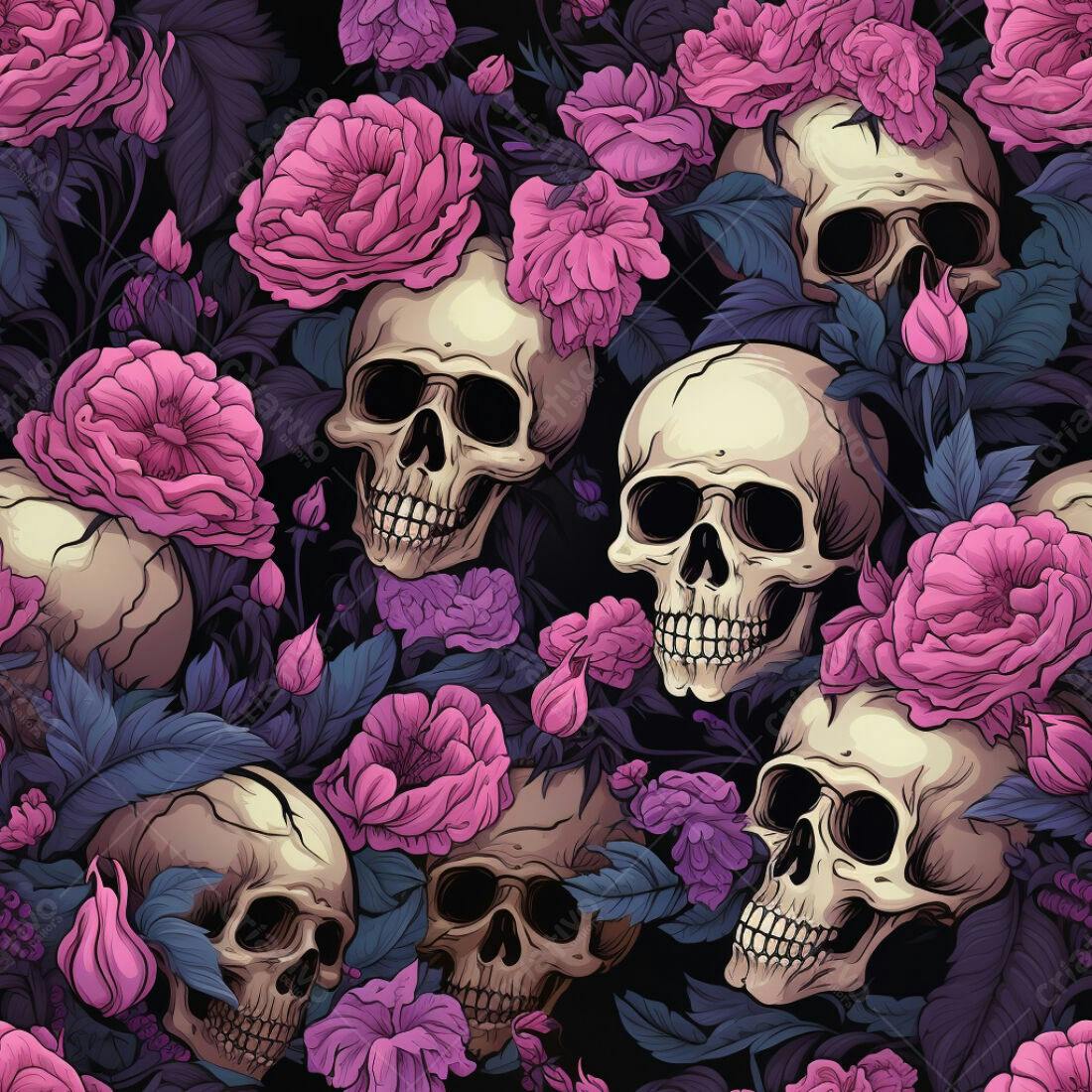 Textura Caveiras e Rosas para Fundo Gótico