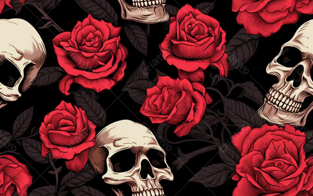 Textura Caveiras e Rosas Vermelhas para Fundo