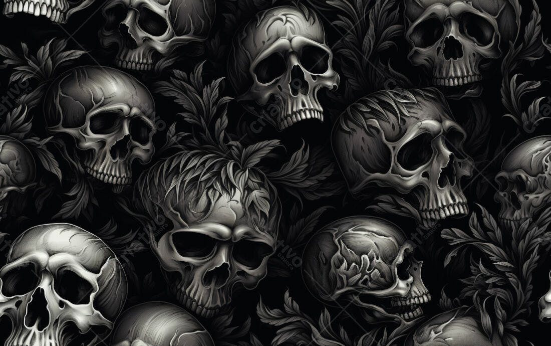 Textura caveiras e folhagens para fundo sombrio