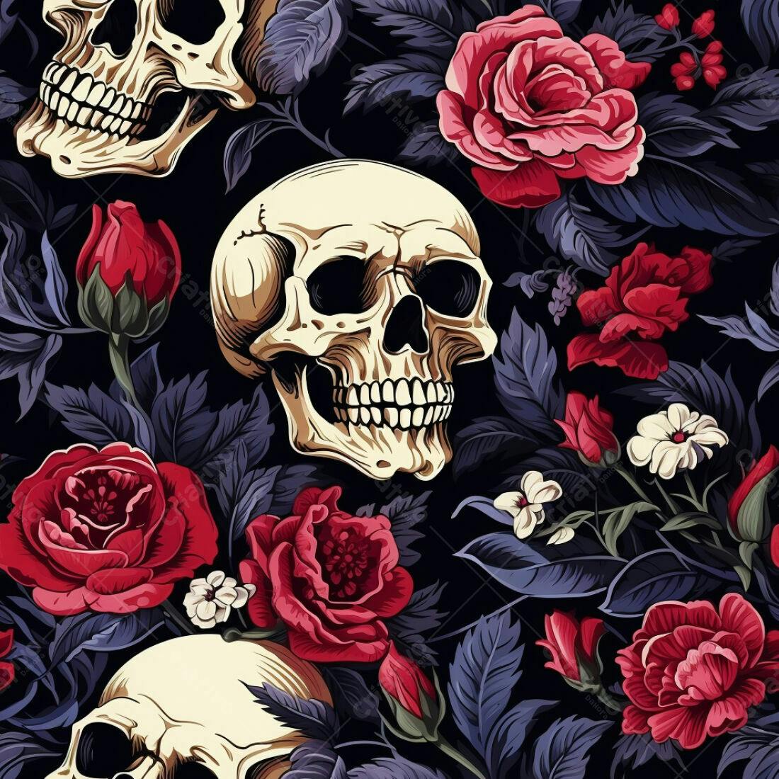Textura Caveiras e Rosas para Papel de Parede