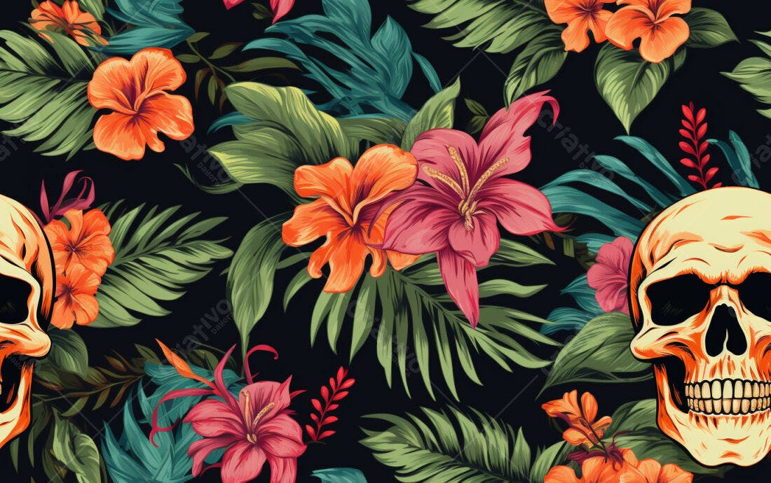 Textura Floral Tropical com Caveiras para Fundo