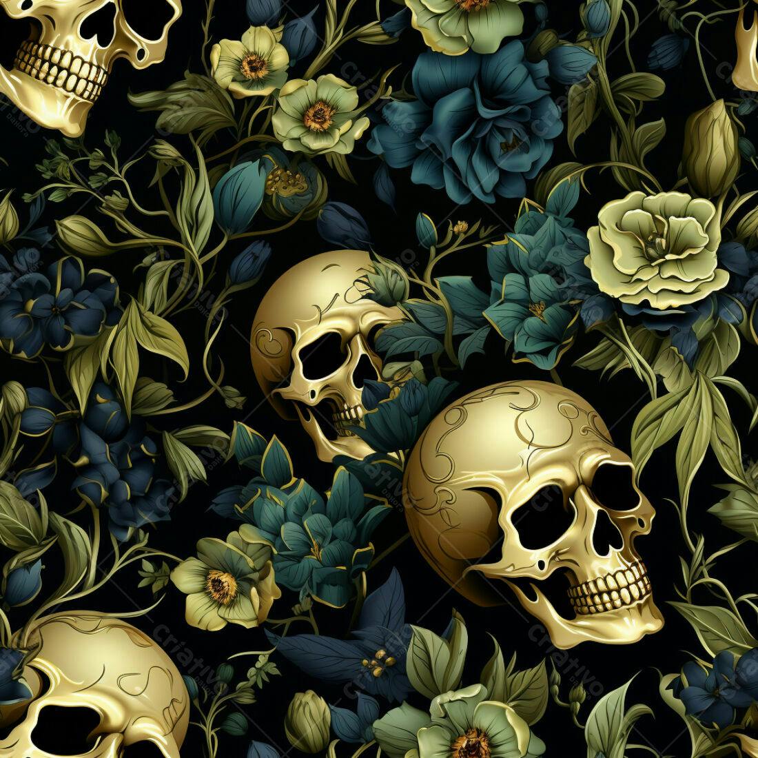 Textura Caveira Dourada com Flores para Papel de Parede