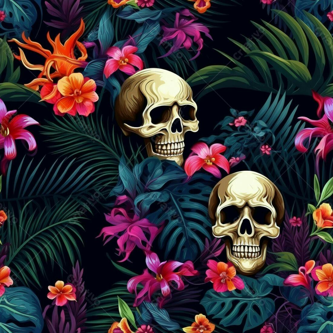 Textura Floral Caveira Tropical para Fundo