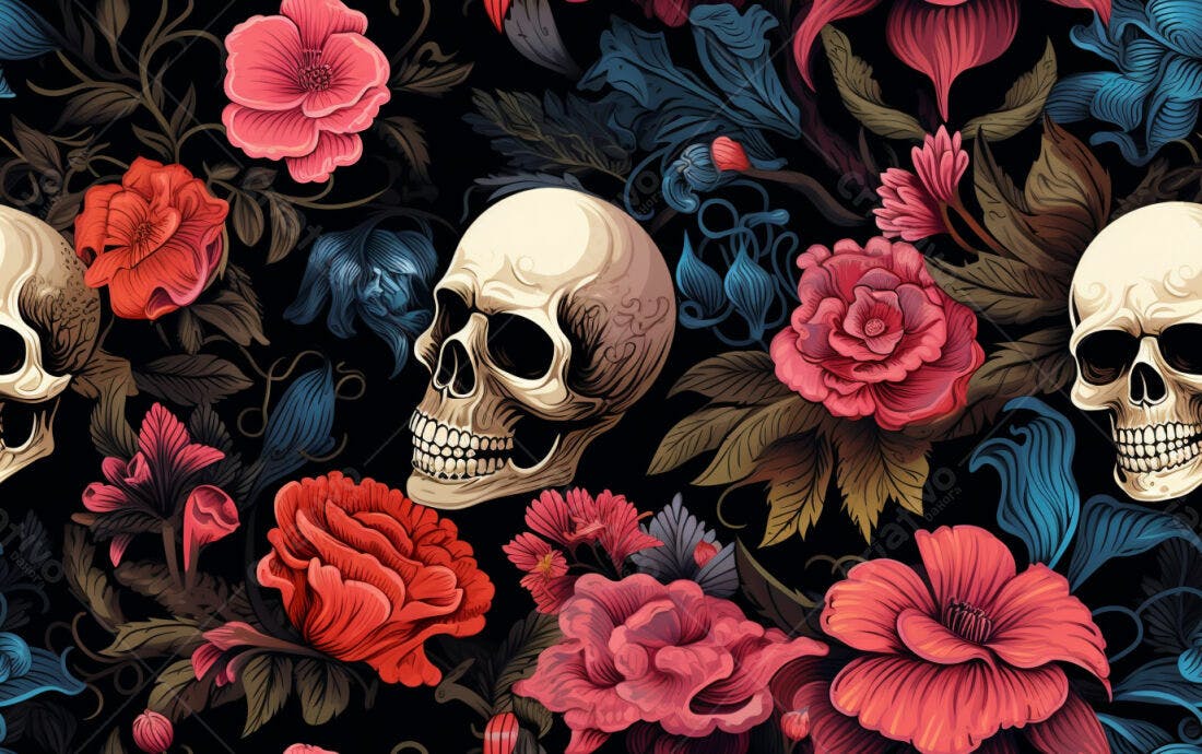 Textura caveiras e rosas para papel de parede