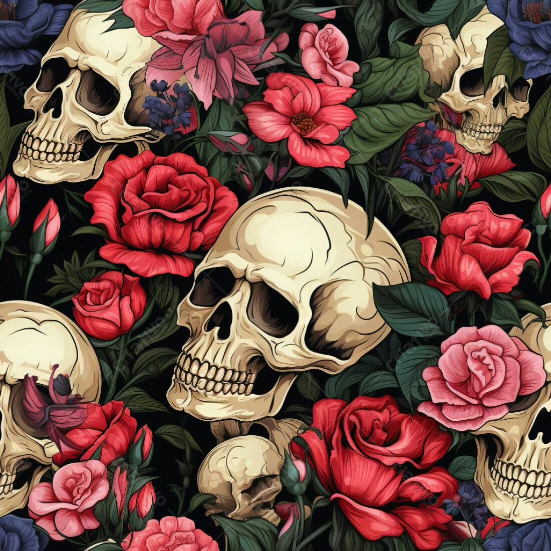 Textura Caveiras e Rosas para Fundo Escuro