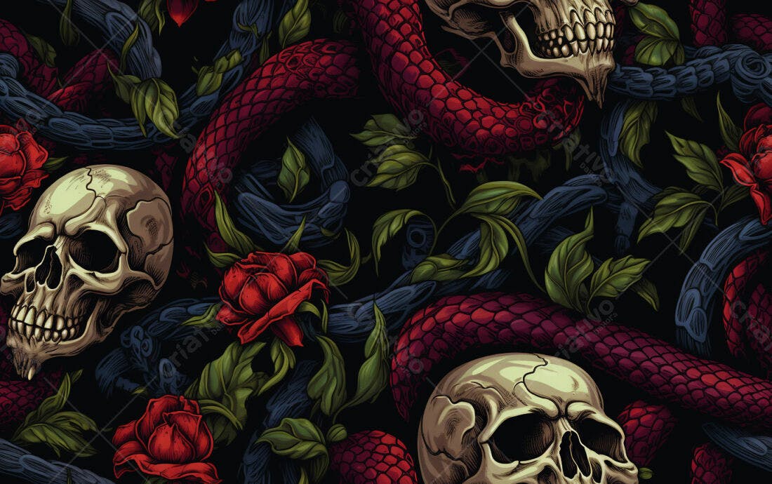 Textura caveira rosas e serpentes para fundo escuro