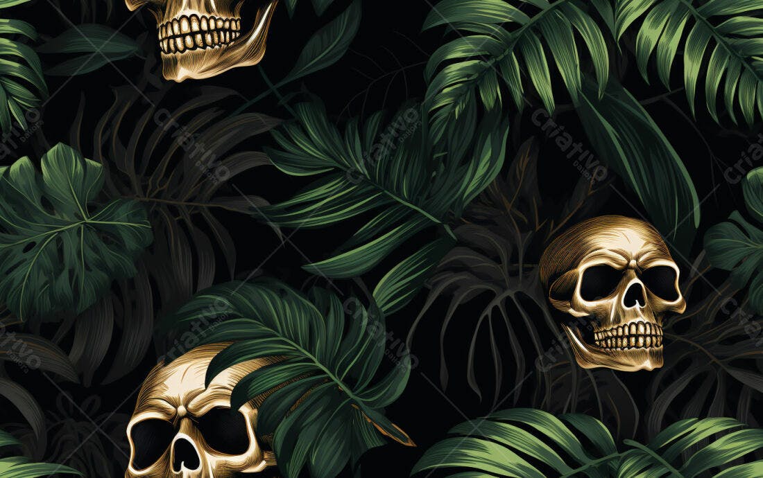 Textura Folhas Tropicais e Caveiras para Fundo Escuro