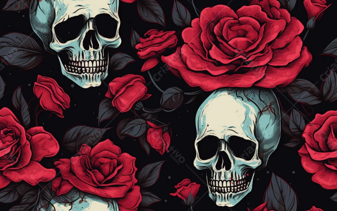 Textura caveiras e rosas para fundo dark
