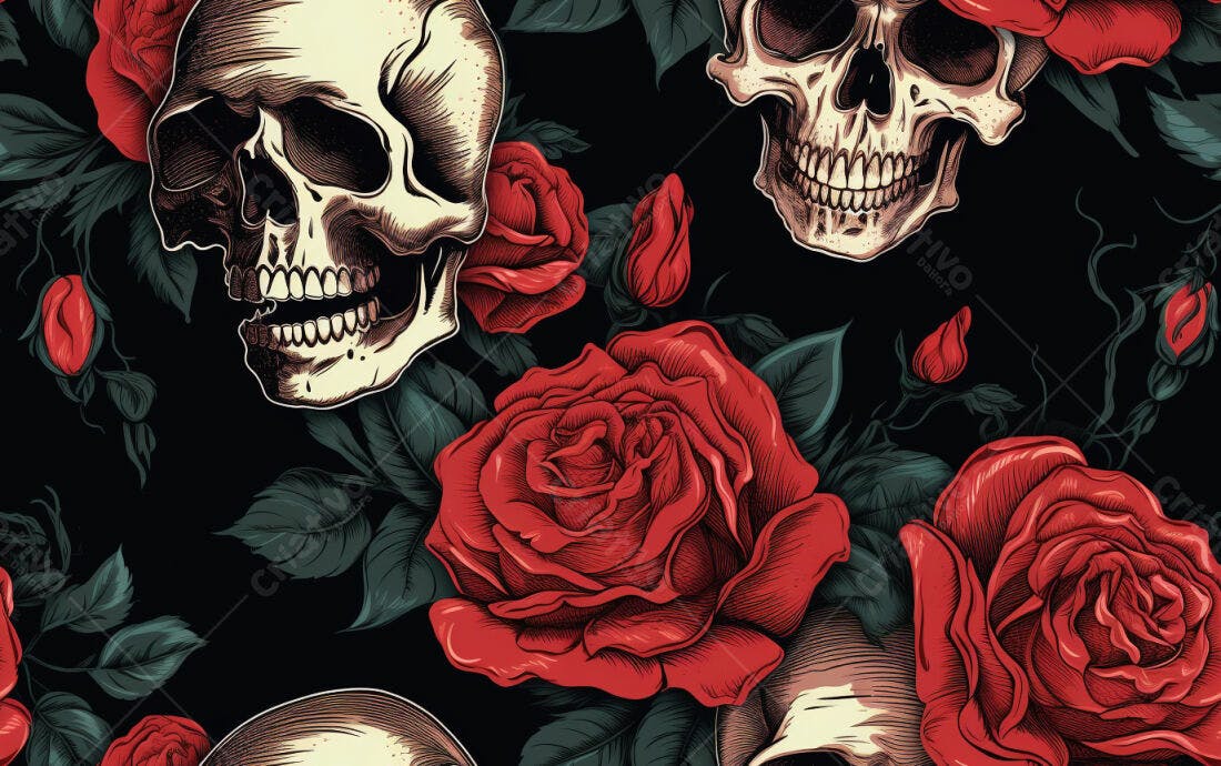 Textura caveiras e rosas vermelhas para papel de parede