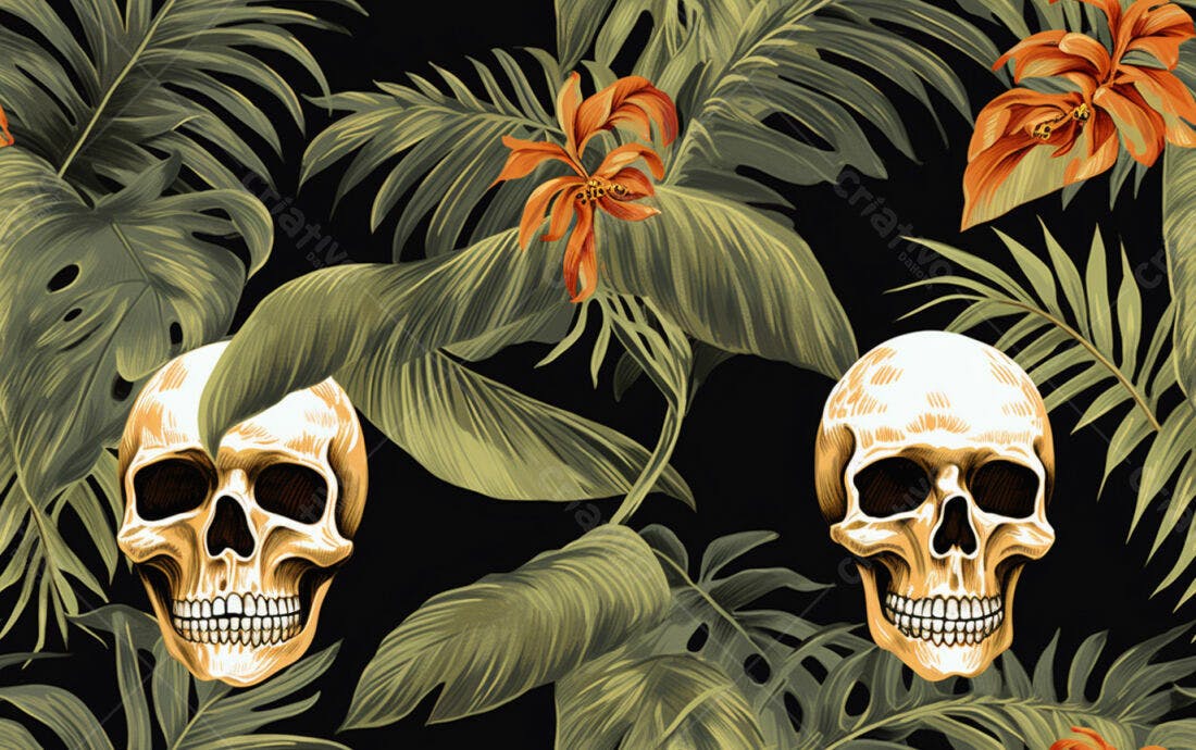 Textura caveiras tropicais para fundo escuro
