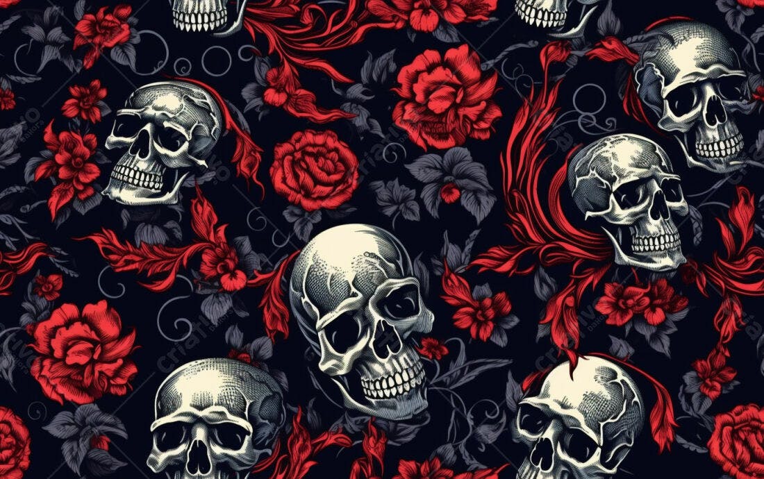 Textura Caveiras e Rosas para Papel de Parede