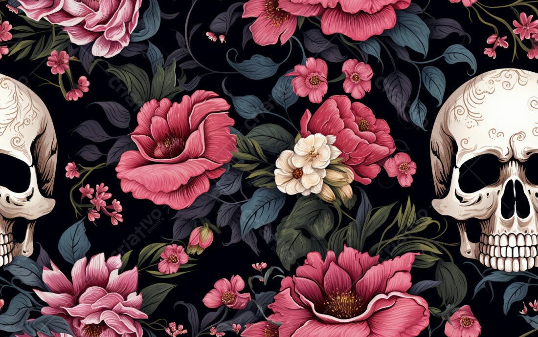 Textura Flores e Caveiras para Papel de Parede