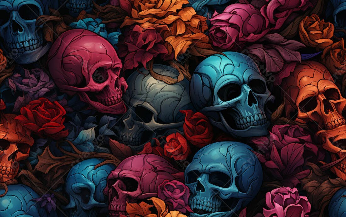 Textura Caveiras e Rosas para Fundo Escuro
