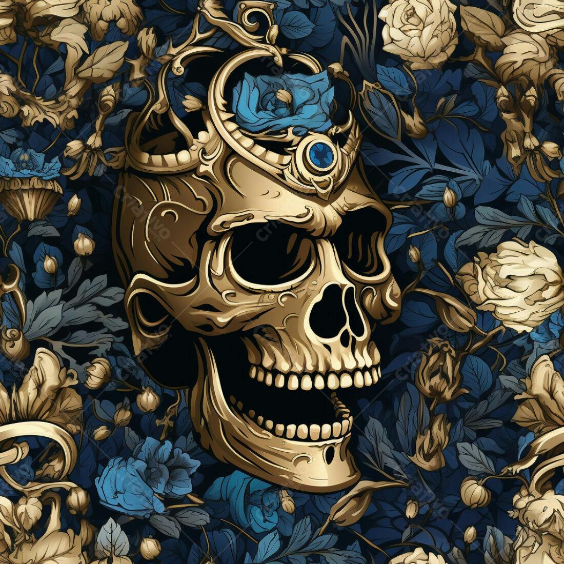 Textura Caveira Dourada com Flores para Fundo