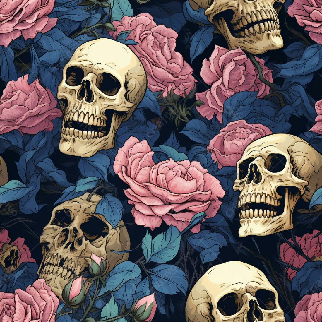 Textura Caveiras e Rosas para Papel de Parede
