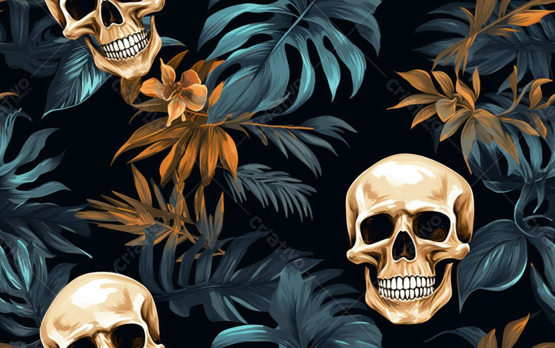 Textura Tropical Caveiras e Folhas para Papel de Parede