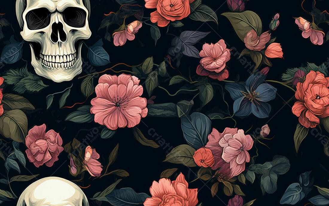 Textura floral escura com caveiras para papel de parede