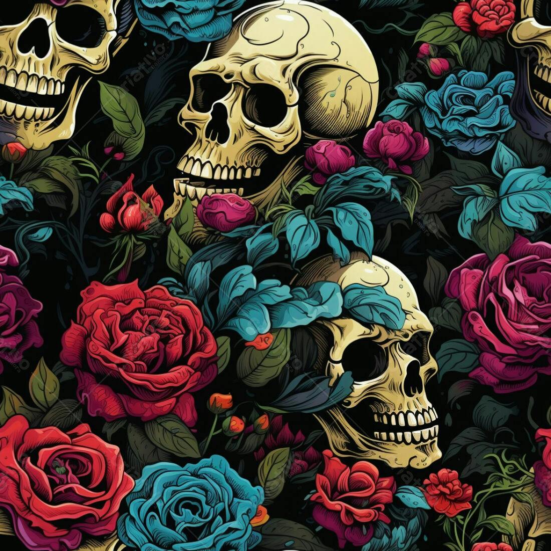 Textura Caveiras e Rosas para Papel de Parede