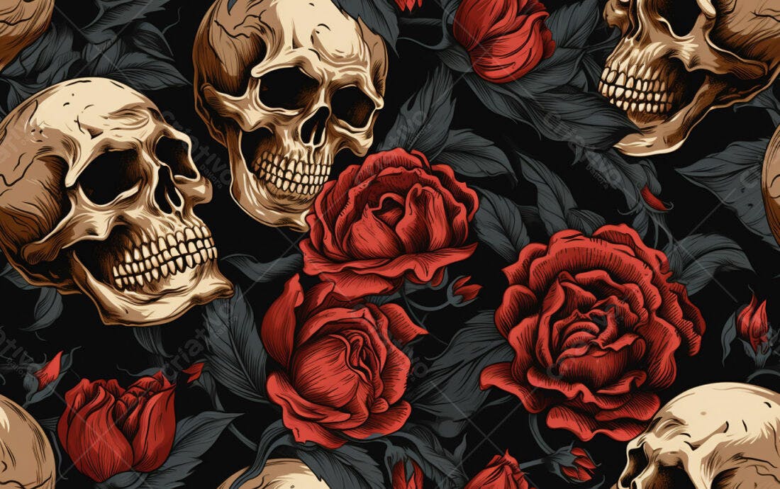 Textura caveira e rosas para papel de parede