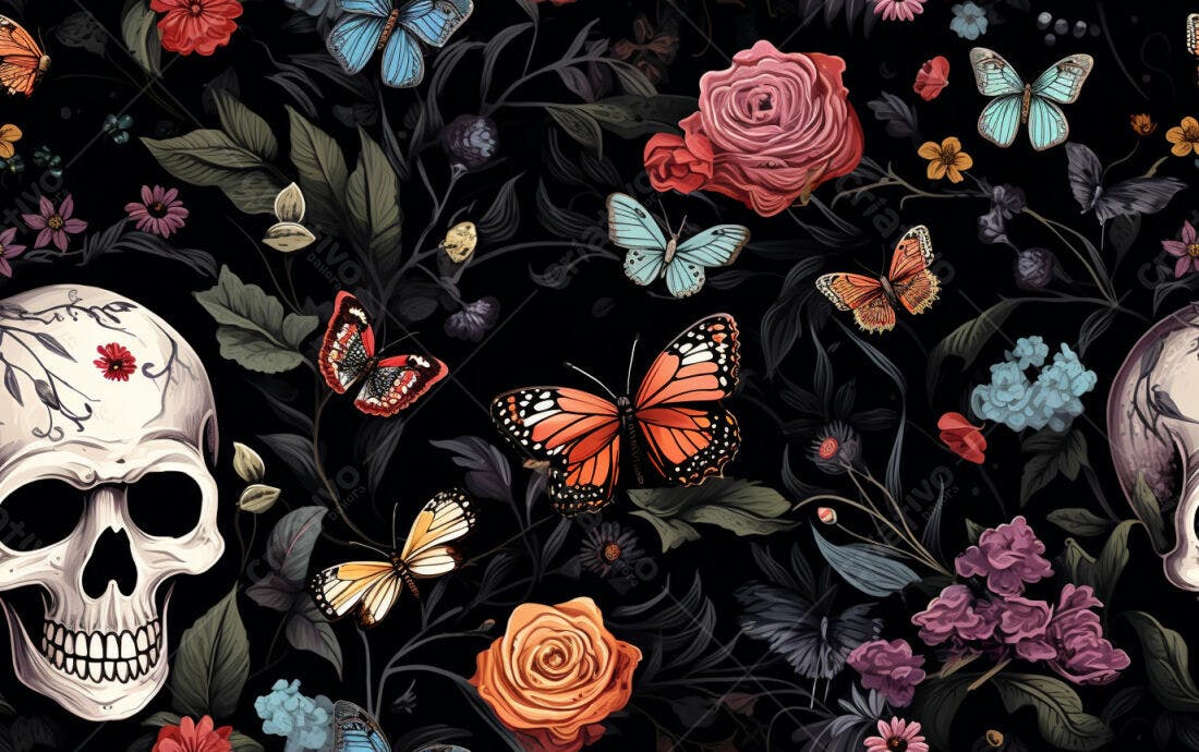 Textura floral caveira e borboleta para papel de parede
