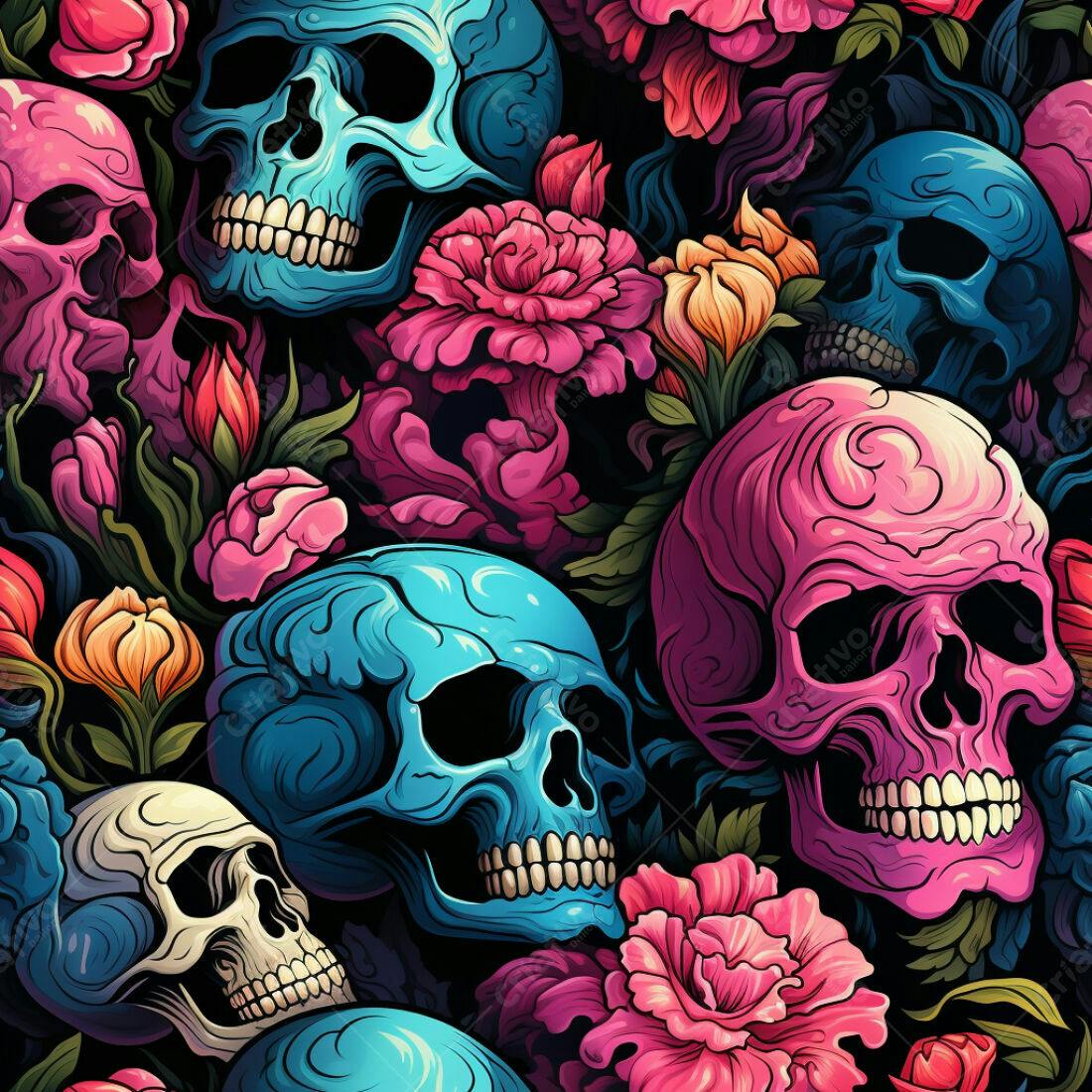 Textura caveiras e flores vibrantes para fundo