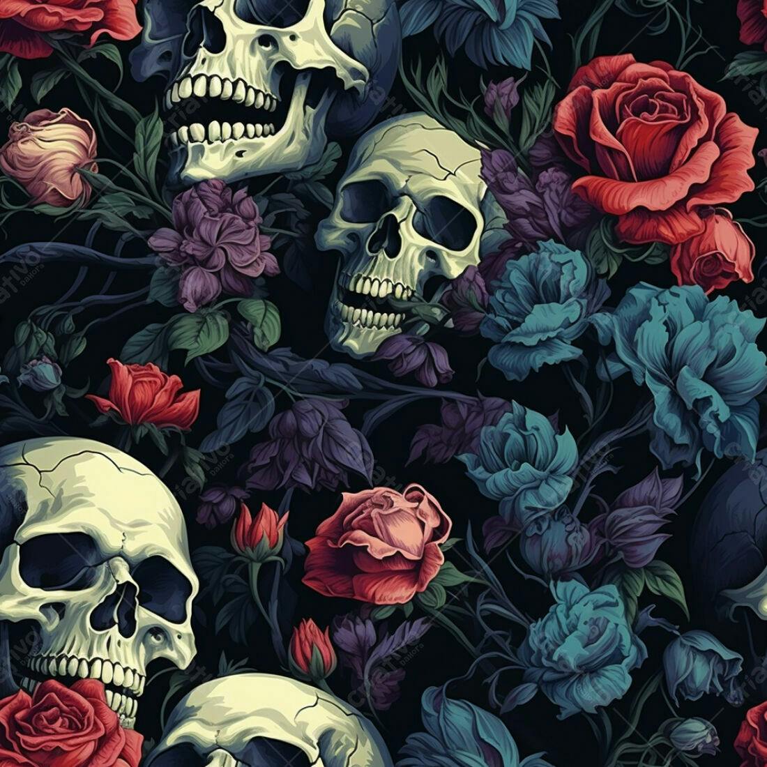 Textura Caveiras e Rosas para Papel de Parede