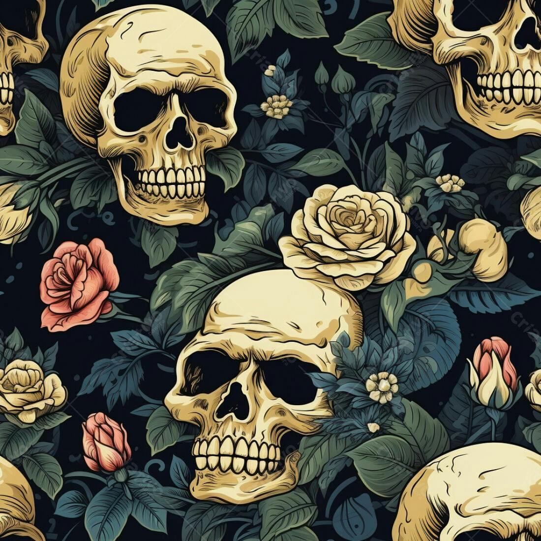 Textura Caveiras e Rosas para Papel de Parede