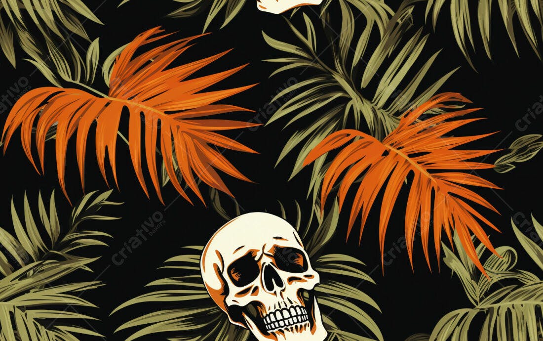 Textura Folhas Tropicais e Caveiras para Fundo