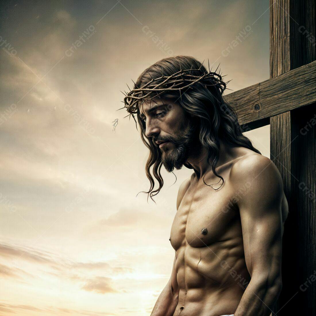 Jesus Cristo com coroa de espinhos e cruz
