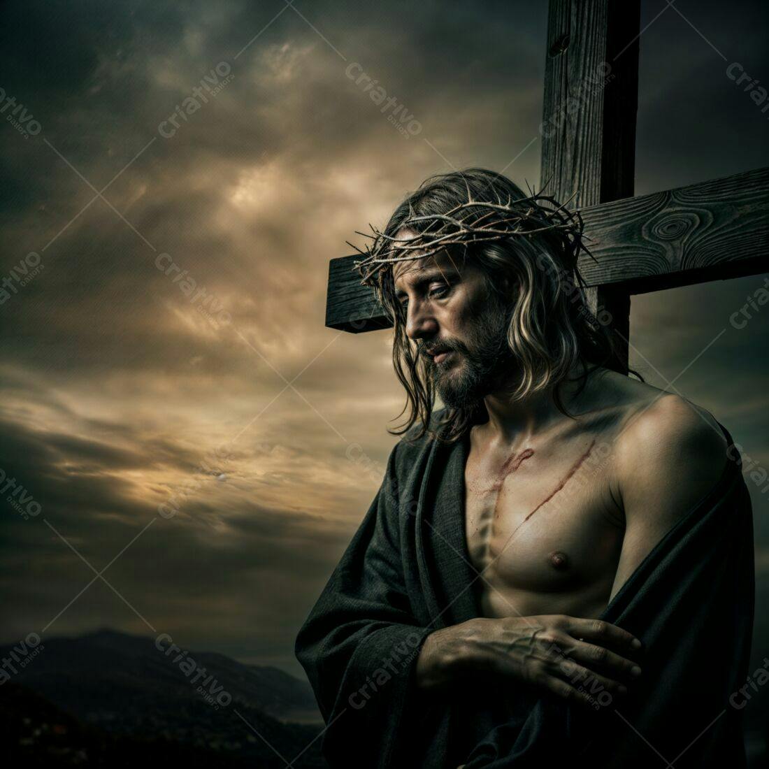 Jesus Cristo com coroa de espinhos e cruz