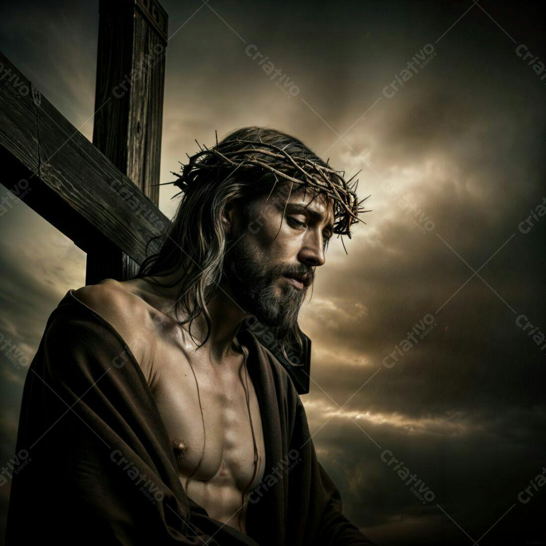 Jesus Cristo com coroa de espinhos e cruz