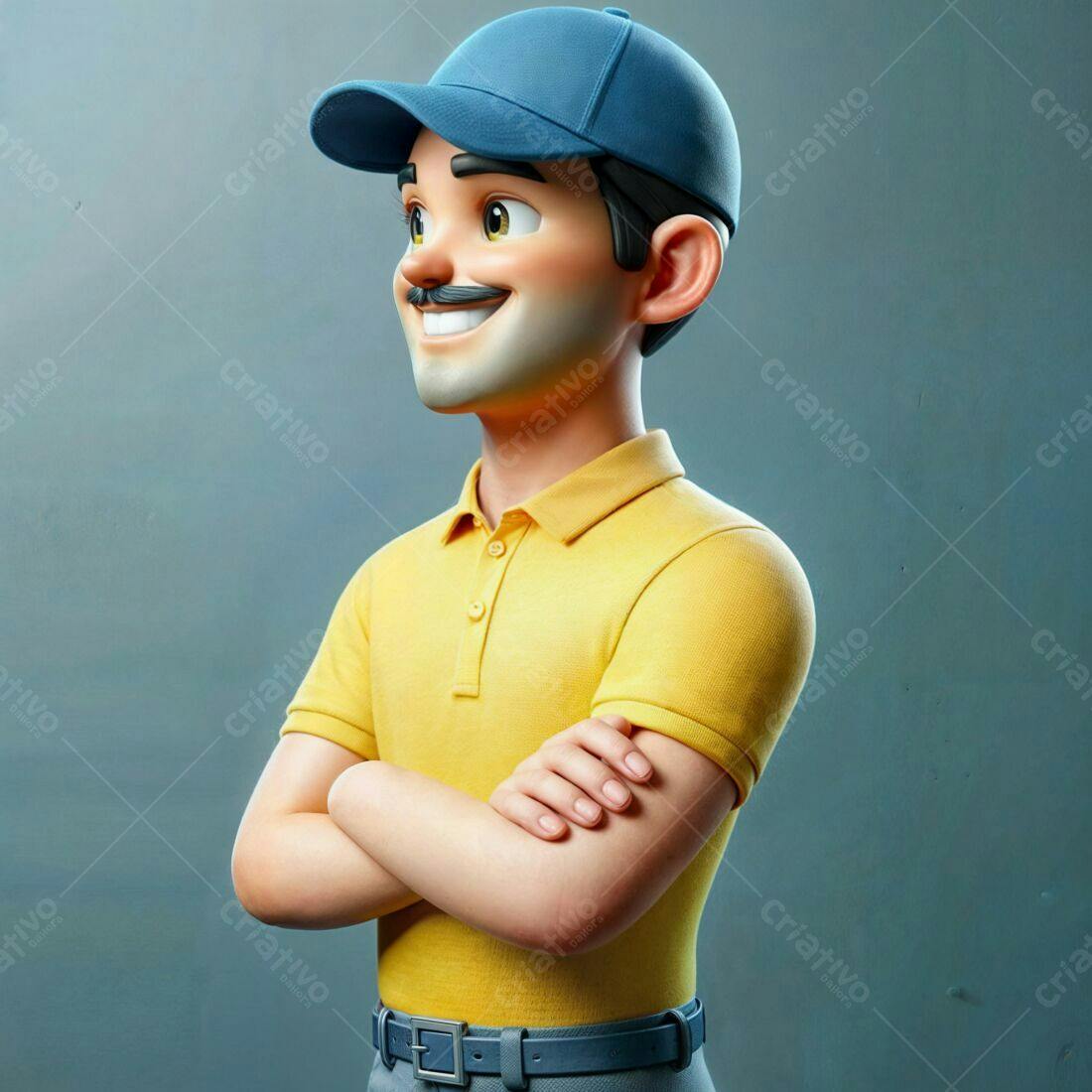 Homem sorrindo camisa amarela boné azul