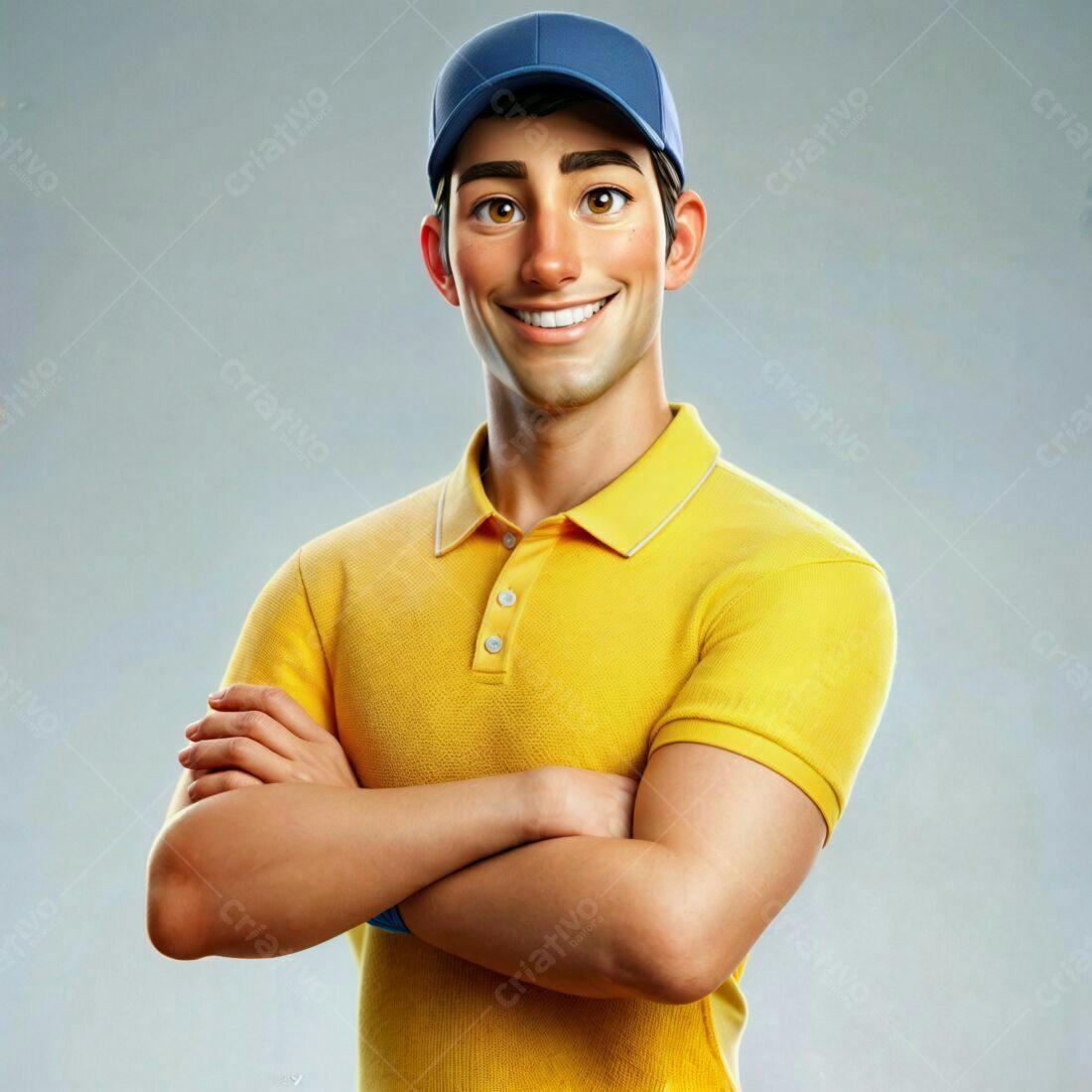 Homem sorridente uniforme amarelo braços cruzados