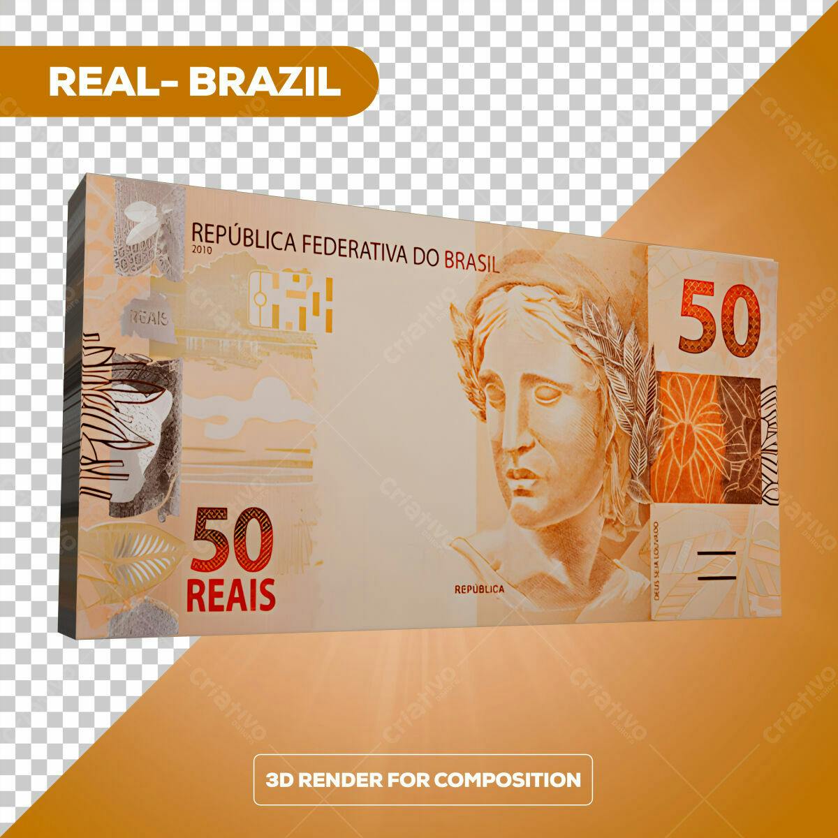 PSD Nota de 50 Reais 3D para Composição Gráfica Editável