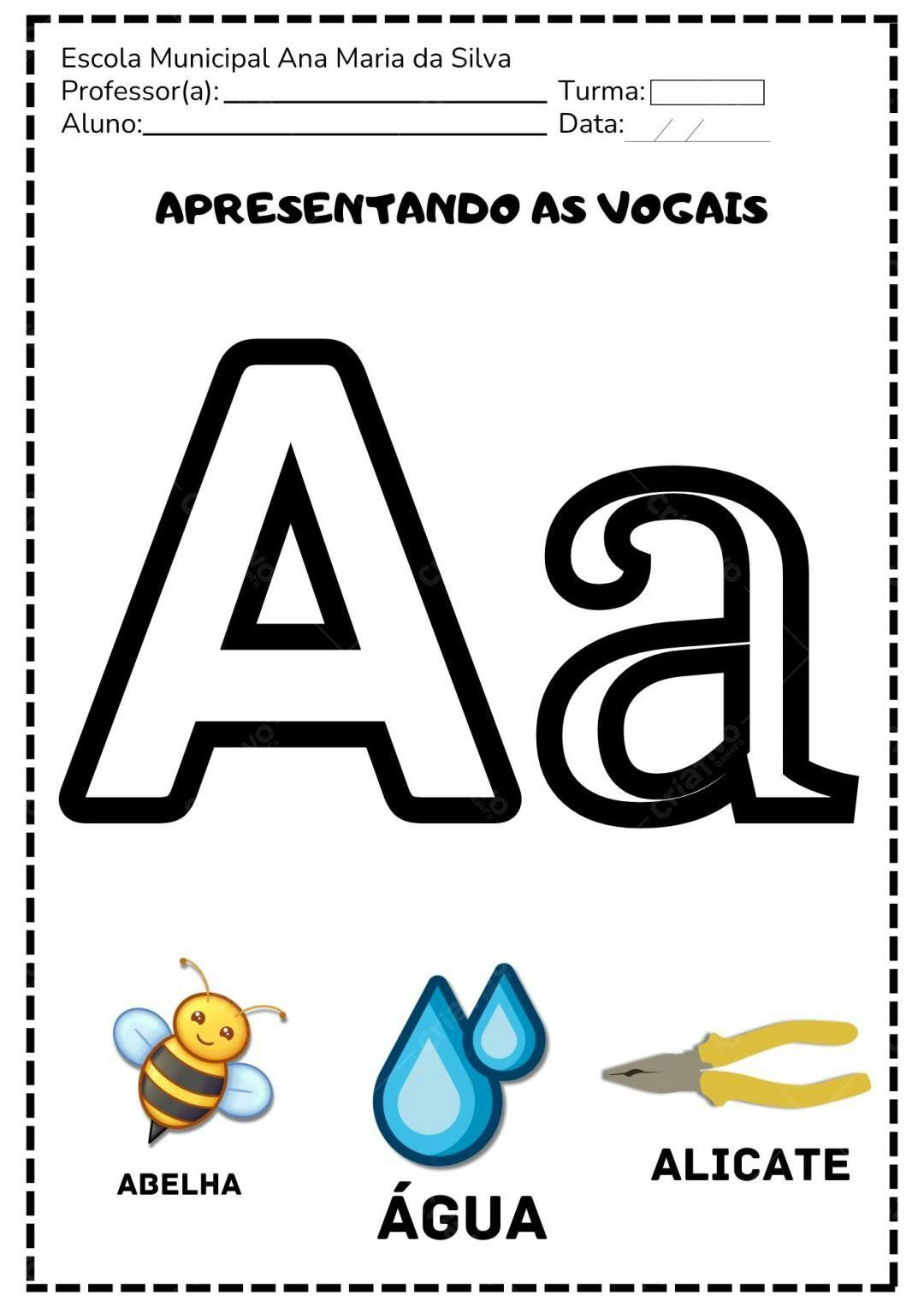 Planilha educativa para alfabetização com as vogais A e a Editável no Canva