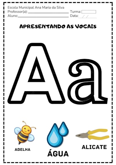 Planilha educativa para alfabetização com as vogais A e a Editável no Canva