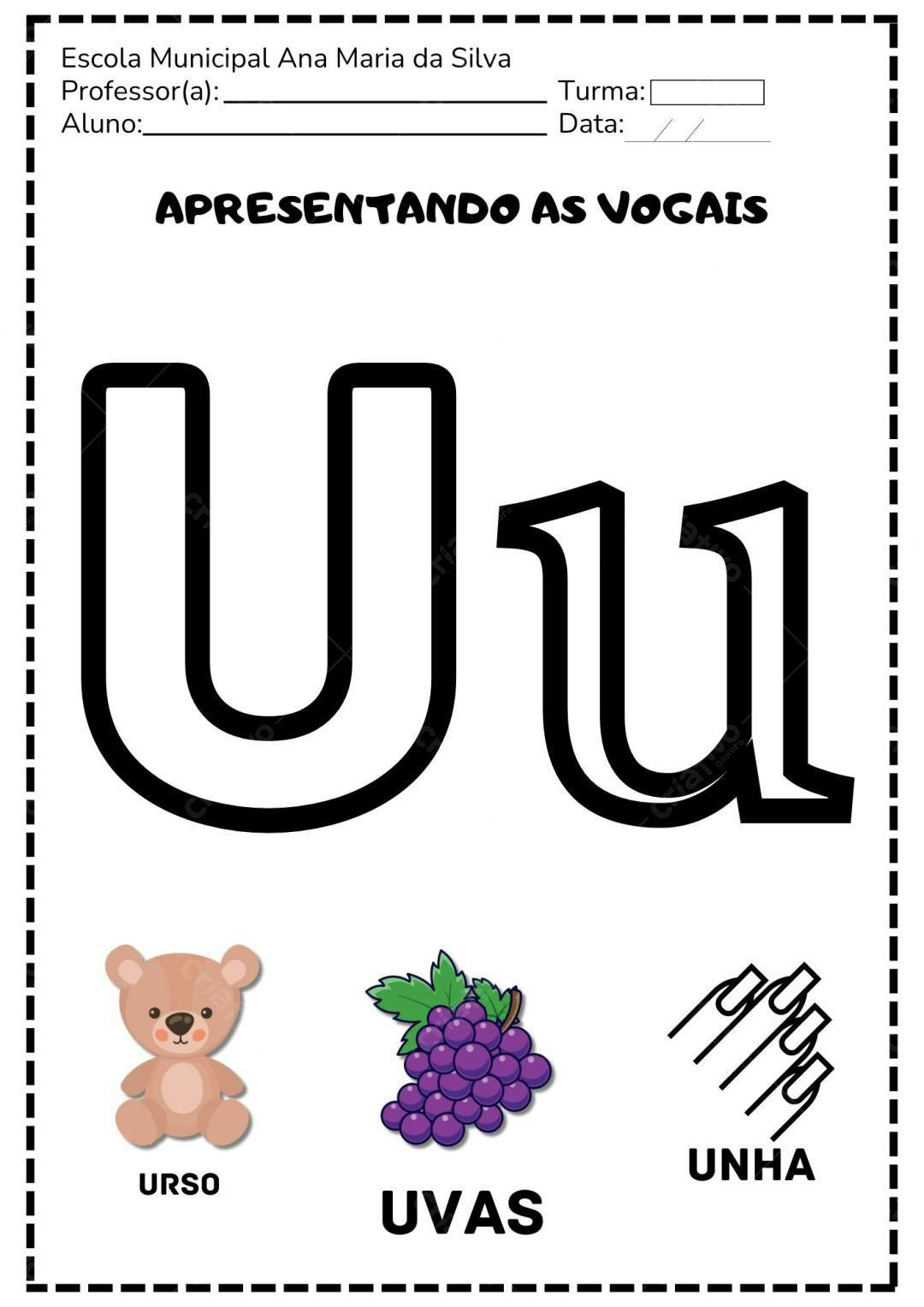 Planilha de atividades para aprender vogais com ursinho, uvas e unha Editável no Canva
