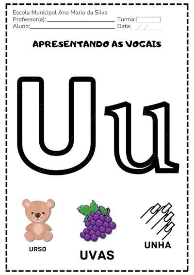 Planilha de atividades para aprender vogais com ursinho, uvas e unha Editável no Canva