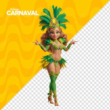 Carnaval Mulher Com Fantasia 3D Em Verde A Amarelo