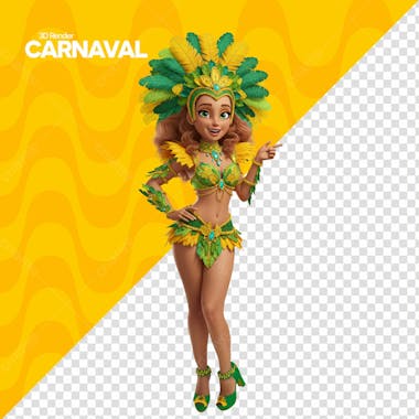 Carnaval Mulher Com Fantasia 3D Em Verde A Amarelo
