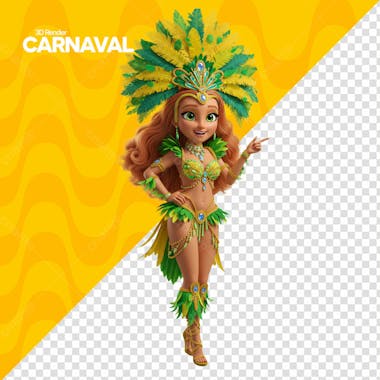 Carnaval Mulher Com Fantasia 3D Em Verde A Amarelo