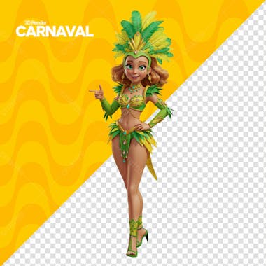 Carnaval Mulher Com Fantasia 3D Em Verde A Amarelo