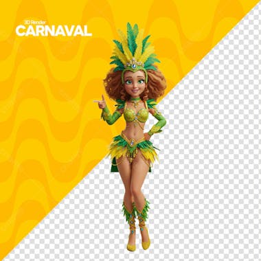 Carnaval Mulher Com Fantasia 3D Em Verde A Amarelo