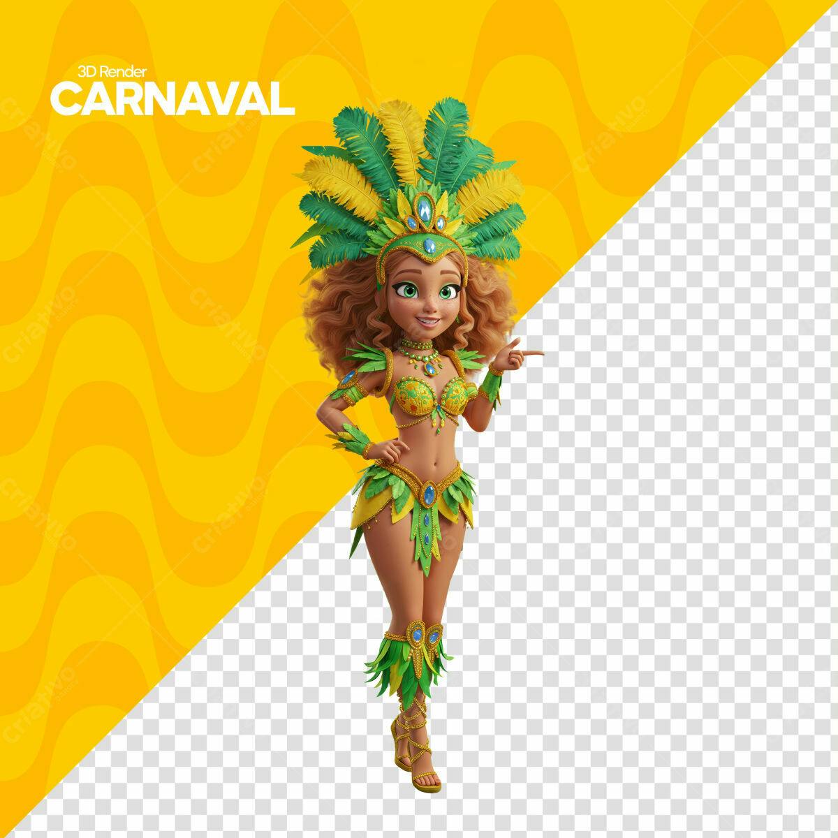 PSD Personagem Carnaval 3D Render Amarelo e Verde