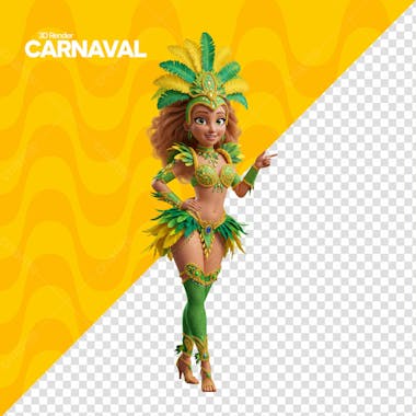 Carnaval Mulher Com Fantasia 3D Em Verde A Amarelo