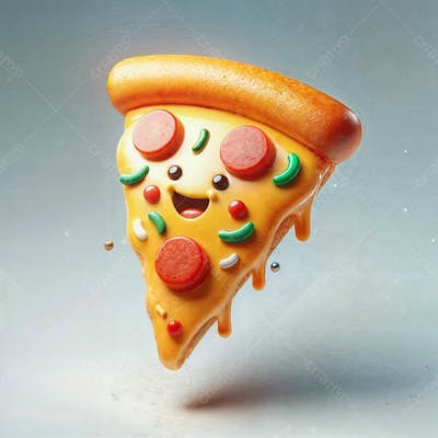 Fatia De Pizza Suspensa Feliz Em Um Fundo Cinza