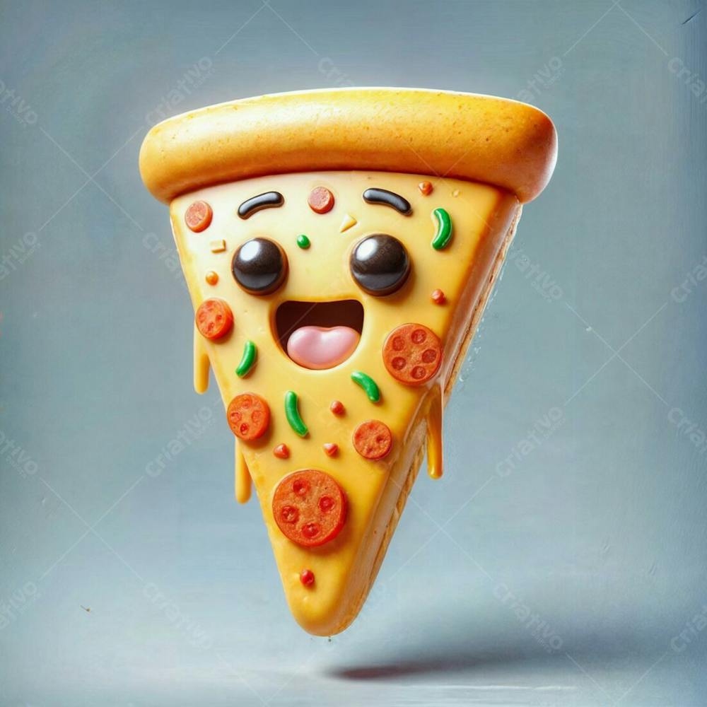 Fatia De Pizza Escorrendo Suspensa Alegre 3D Cartoon Em Fundo Cinza