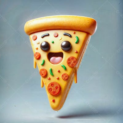 Fatia De Pizza Escorrendo Suspensa Alegre 3D Cartoon Em Fundo Cinza