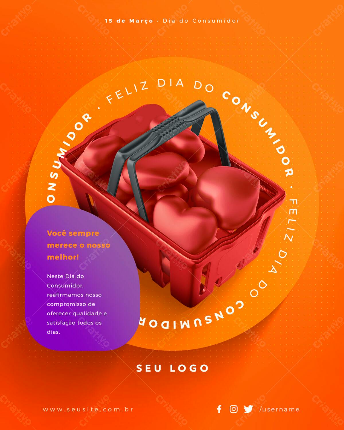Flyer Dia do Consumidor com Cesta de Corações Vermelhos PSD Editável
