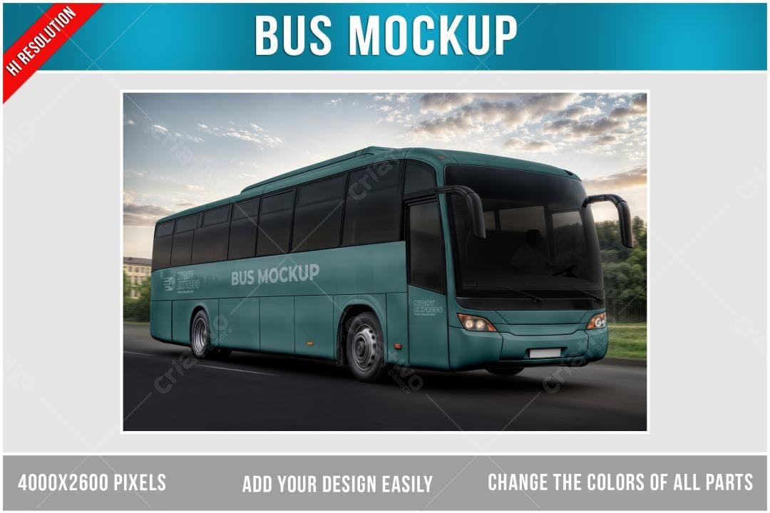 Mockup Realista de Ônibus Verde-Azulado em Alta Velocidade